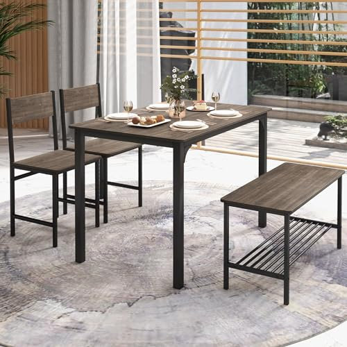 TANGZON Dining Table and 2 Chairs with Bench, 4 Piece Metal Frame Kitchen Table and Chairs Set with Storage Rack, Wooden Dining Room Sets Furniture for Home Living Room Restaurant (Grey)