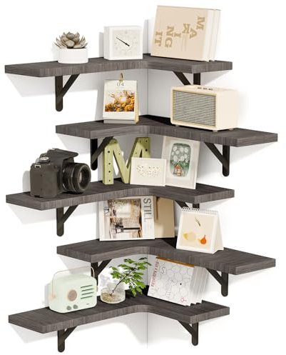 Fixwal Eckregale 5er Set, Wandmontiertes Eckregal, rustikale Holz-Wandregale für Badezimmer, Küche, Schlafzimmer, Heimdekoration, Waschküche, Wohnzimmer (verwittertes Grau), MOMOK2023927007