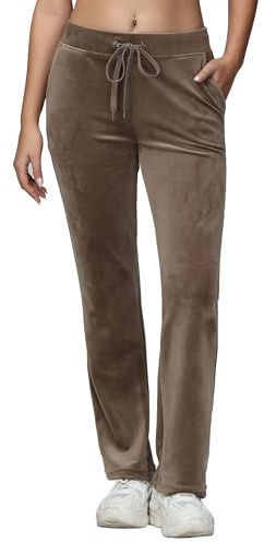 COZZIPLUS Women Velour Pant,Straight Leg Velvet Sweatpant for Women Soft Straight Leg High Waist Velour Lounge Pant with Pockets (Mocha, M)