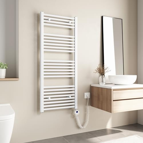 Heilmetz Scaldasalviette Elettrico Bagno 1200x500mm con Termostato Digitale, Temperatura Regolabile Termoarredo Elettrico Bagno Radiatore Elettrico Basso Consumo da Parete Verticale, Bianco