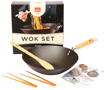 School of Wok - Gift Set, Pre-Seasoned 12/30cm Wok, with Spatula, Chopsticks & Recipe Booklet, for All Hob Types