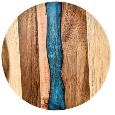 PTATT Round Wood Resin Surcing Board, tagliere in legno, piatto da porta blu