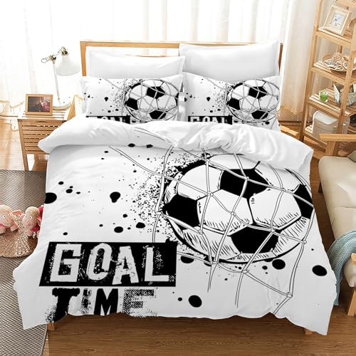 Leleyouzer Fussball Bettwäsche 135×200 cm Jungen,3D Fußball Druck Bettbezug,Mikrofaser Kinder Bettwäsche mit Reißverschluss und 2 Kissenbezügen 50 x 75cm (F04)
