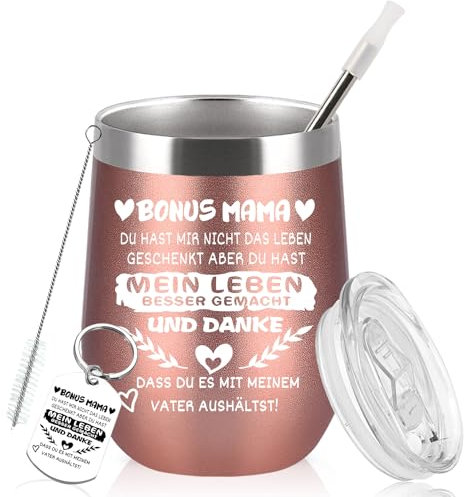 Diztoud Bonus Mama Geschenk, Weihnachtsgeschenke für Mama, Stiefmutter, Geschenke zum Weihnachten, Danke Mama, 12oz 350ml Doppelwandig Edelstahl Weinbecher mit Deckel und Strohhalm, Schlüsselanhänger
