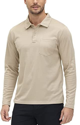 Rdruko Long Sleeve Golf Polo Shirts Mens Breathable Quick Dry Work T Shirts Polyester Smart Casual Tops with Pocket Khaki M