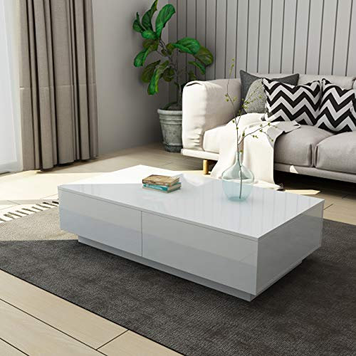 Generisch Couchtisch, Couchtisch mit Stauraum, Weiß Glänzender Couchtisch für Wohnzimmer, Rechteckiger Mitteltisch mit 4 Schubladen, Home-Office-Möbel, 95 x 60 x 31 cm, CT01-WH