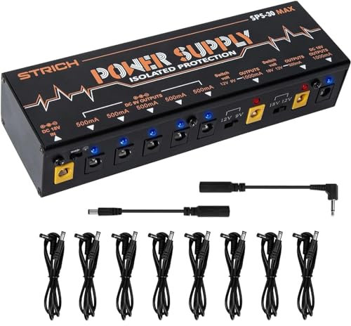 STRICH Guitar Pedal Power Supply, Pedalboard Power Supply with 8 Totally True Isolated DC 9V/12V/18V Outputs(500mA/1000mA), Power Supply for Power-hungry Effect Pedal, Noiselessly, SPS-30 MAX