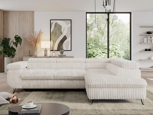 MKS MEBLE Cord Sofa L, Wohnlandschaft L-Form mit Schlaffunktion und Bettkasten, Schlafsofa mit Bettkasten, Ecksofa, Sofa mit Einstellbare Kopfstützen, Pedro L - Beige Cord - Rechts