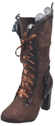 rismart Mujeres Victoriano Media Pierna con Cordones Punta Redonda Vendimia Gótico Botas Marrón, 38 EU