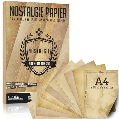 Altes Papier 100g - 50 Blatt - Nostalgie DIY Briefpapier A4 Antik beidseitig bedruckt Ideal für Kommunion, Für Landkarte, Kinder Schatzsuche, Nostalgische Einladungen - 3 verschiedene Motive