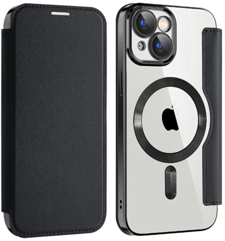 Unichthy Flip Case for iPhone 13 Clear Cover Support MagSafe |RFID Blocking| Wallet Purse Shockproof Leather Stand Cover Individual Protection for Each Lens Phone Skin for iPhone 13 Black