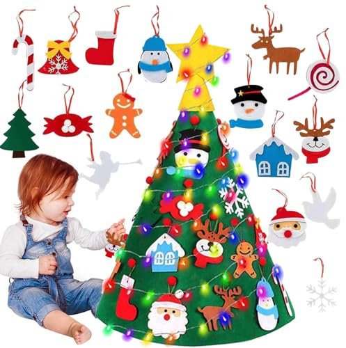 Árbol de Navidad de Fieltro para Niños | Juego Con Luces LED de 2,29 Pies, Suministros de Fiesta y Decoración Navideña