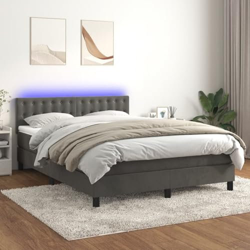 IKAYAA Boxspringbett 140 x 200 cm - Bett mit LED Beleuchtung, Topper & Matratzen - Boxspringbett 140 x 200 cm mit Matratze, Einzelbett mit Matratze, Polsterbett 140 x 200 cm Dunkelgrau Type-5