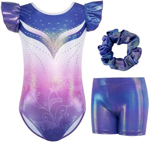 Gogokids Ensemble de Gymnastique à Manches Volantées pour Filles, 3 Pièces Justaucorps de Gymnastique pour Enfants avec Design à Paillettes Dégradées, Costumes de Gymnastique pour 6-7 Ans