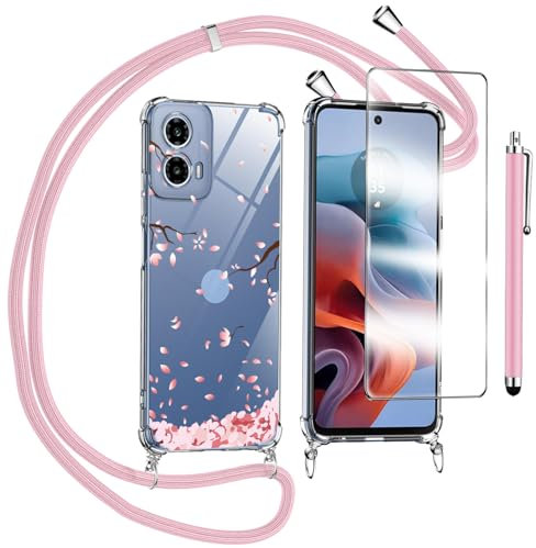 KJYLPO Cover per Motorola Moto G35 5G,e Vetro Temperato Custodia con Cordino Silicone Morbida Cellulare Girocollo Collana Necklace Sottile Protettiva Bumper Antiurto TPU Case, Rosa