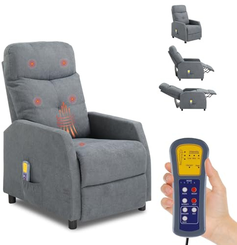 Bonnlo Chair Recliners, Recliner Chair with Massage & Heat, Oversized Recliners Armchair Lounge Sofa Adjustable Leg Rest, Side Pocket, for Home Living Room Theatre (Grey Fabric)