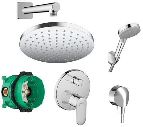 Hansgrohe Duschsystem mit Unterputz Duscharmatur von Hansgrohe Regendusche mit Armatur, Duschkopf rund, Wandarm Dusch-SET HGK07 poliert