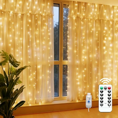 PESLNG 3x3m LED Lichtervorhang, 300 Warmweiße LEDs, 8 Modi, IP65 Wasserdicht, USB-gesteuert mit Fernbedienung, Lichterkette Vorhang für Innen & Außen, Hochzeit, Party, Weihnachten, Terrasse