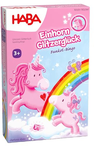 HABA Einhorn Glitzerglück – Funkel-Bingo – Zauberhaftes Bingospiel mit Kristallen & Einhornmotiven – Kinderspiel für 2–4 Spieler ab 3 Jahren – 2012212001