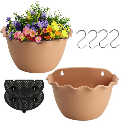 YuanDiann 2er Pack Wandmontage Blumentopf Halbrunder Hängender Garten Blumenkorb Balkon Innen Außen Deko Pflanzgefäß Blumenampel Selbstbewässerung mit Wasserspeicher 7# Hellbraun L