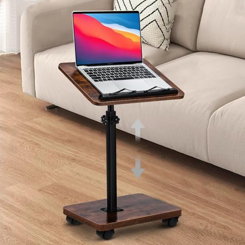 Meecoo Spring Adjustable TV Tray Table with Wheels and Book Clips, 360° Swive & Adjustable Height & 180° Flip-Over Panel Design for Livingroom, Bedroom, Bed, Snack