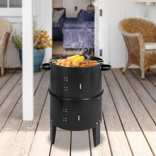 Räucherofen, 3 in 1 Smoker Grill Holzkohlegrill mit Deckel, Doppelschicht Räuchertonne Eingebautem Thermometer und Verstellbaren Lüftungsschlitzen, für Drinnen und Draußen Verwenden