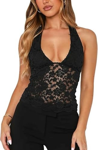 Sukiglam Camiseta sin Mangas Mujer Verano Encaje Camisetas Elegantes Cuello Halter Chalecos Blusa Sexy Sin Vientre Camisola Shirt Floral Suave Y2k Tank Tops Moda Crop Top de Fiesta Streetwear