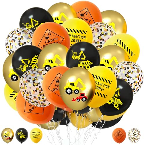 35 Stück Luftballons Geburtstag Baustelle, Goldene Schwarz Gelbe Orange Latex Ballons, Konfetti Luftballons, Helium Ballons Baufahrzeuge für Baby Shower Kindergeburtstag Party Dekoration
