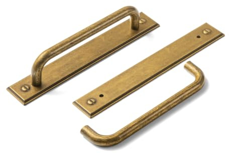 Deuschwer 2 Stück Schrankgriffe mit Rückplatte, Vintage Küchengriffe und Schubladengriffe für Kommode Schlafzimmer Küche，128mm Lochabstand, Antikes Messing,G015
