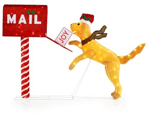 GYMAX 120er LED Weihnachtsbriefkasten & Hund Weihnachtsfigur, glühende Weihnachtsdekoration mit Kabelbindern, Erdspießen & Weihnachtshund mit Hut, Schal, Weihnachtsdekoration für Zuhause, Garten, Rase