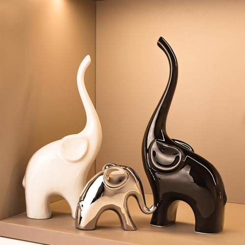 Elefanten Statue,Elefanten Deko Figuren, Moderne Keramik Dekor Statue, Glücks Elefant, für Bücherregal, Wohnzimmer, Büro, Tischregal Dekoration, Geschenk für Elefantenliebhaber. (Weiß Schwarz Silber)