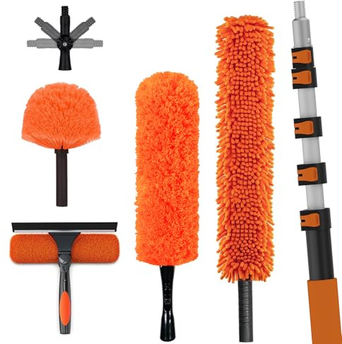 LAANPOLE 7.2m Feather Duster Kit with Telescopic Pole, Extendable Microfiber Duster for High Ceiling, Long Handled Duster Kit with Cobweb Brush & Telescopic Window Cleaner