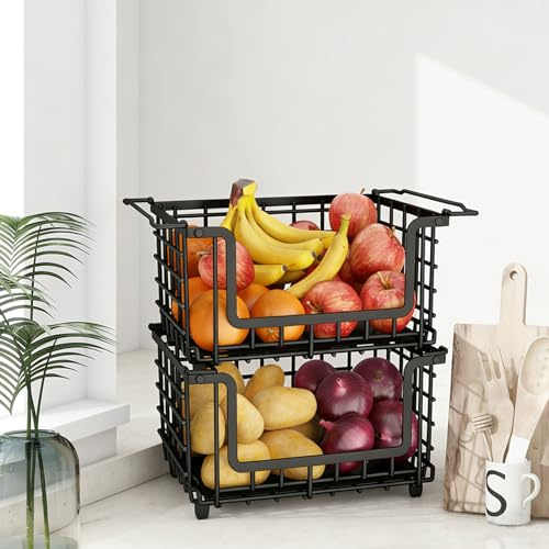 2 Pack Stackable Metal Wire Vegetable Fruit Basket for Kitchen Counter Cabinet, Pantry Organizers and Storage Basket, Food Can Snack Onion Potato Bread Storage Shelf Freezer Organizer Bins Black