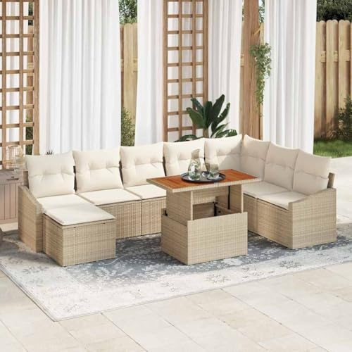 Yunovire Garten-Sofa-Set 9-teilig Beige Poly Rattan, Modular mit Stauraum, Ecksofa für Terrasse, Balkon und Außenbereich, wetterfestes Lounge-Möbelset für draußen