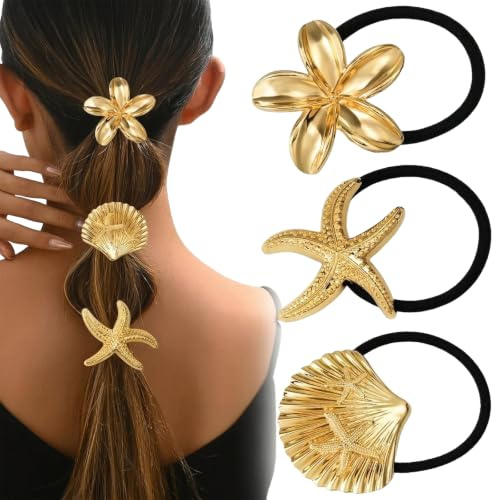 SWYZOR 3 Stück Haargummi aus Metall, Haargummi aus Metall, Gold, elastische geometrische Haargummis, elegante Damen-Haargummis, Pferdeschwanz-Haarschmuck