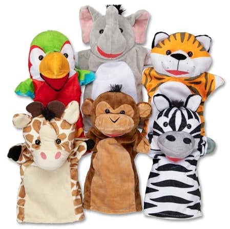 Melissa & Doug Safari Freunde Handpuppen Set - 6-teiliges Set mit verschiedenen Tieren als kuschelige Kasperlfiguren für fantasievolle Geschichten, für Kinder ab 2 Jahren