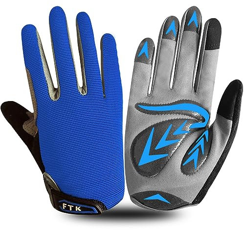 Gants Velo Enfant Cyclisme Junior Running VTT Moto Plein Doigt Poignée Paire, Gant Bicyclette Escalade Randonnée Skateboard Gel Résistant à l'abrasion Antideparant Mitaines Outdoor (M, Bleu)