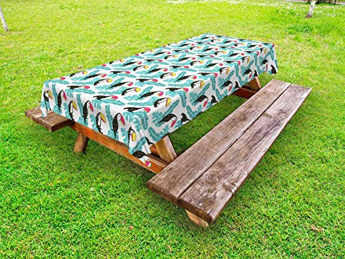 ABAKUHAUS Tukan Outdoor-Tischdecke, Tropischer Vogel auf Blätter Kunst, dekorative waschbare Picknick-Tischdecke, 145 x 305 cm, Türkis und Multicolor