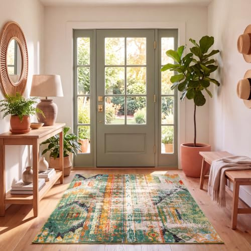 SAFAVIEH Boho Teppich für Wohnzimmer, Esszimmer, Schlafzimmer - Madison Collection, Kurzer Flor, Grün und Orange, 183 x 274 cm