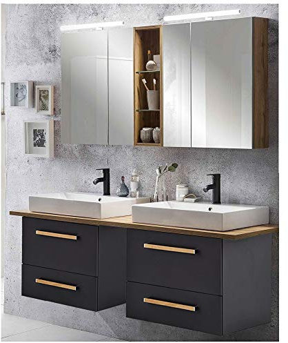 Lomadox Badmöbel Doppel-Waschtisch Set DABO-04 in anthrazit mit Landhaus Eiche, B/H/T 165,2/200/50 cm