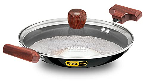 Hawkins FUTURA 0.9 Litre Breakfast Pan with Glass Lid, Nonstick Cookware, Appachatty, Chetty Pan, Appam Patra, Round Bottom Kadai, Black (NBFP09G) - 217 mm
