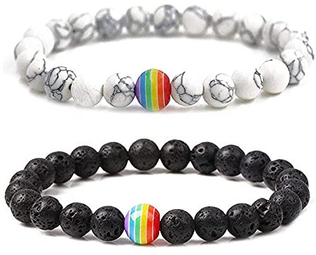 Deautie Distanz Armbänder, 2 Stück Set Gay Pride Armband, Partner Armbänder Energiearmband, Regenbogen Streifen Pride Schwul Homosexual Homosexuell Lava Türkis Stein Mala Kugel Perle, Herren,Damen