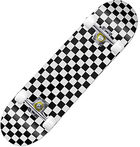 Skateboard Weiß Schwarz Kariert Skateboard Kinder ab 8 Jahre 80x20cm 7-Lagigem Ahornholz Longboard Double Kick Komplett für Anfänger Jungen Mädchen Erwachsene Profi Penny Board