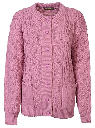 Lets Shop Shop Chunky Cable Knit Cardigan for Women Ladies Round Neck Long Sleeve Aran Plus Size 12 14 16 18 20 22 24 (ML, Dusty Pink)