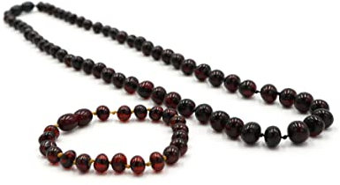 Bernstein Halskette & Armband Geschenkset, Mehrere Farben, Unisex, Halskette 32 cm, Armband 14 cm, Baltische Bernsteinkette (Cognac)