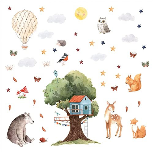 235 Wandtattoo Baumhaus mit Waldtieren Aquarell Größe 1750 x 980 mm - in 6 Größen - Kinderzimmer Sticker Wandaufkleber Wandsticker Wanddeko Wandbild