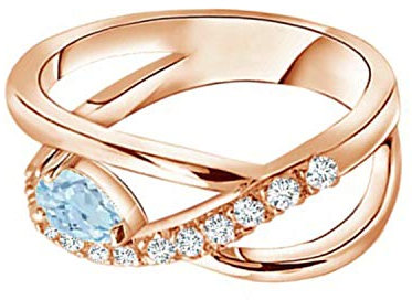 Kreuz und quer 6 x 4 mm Birnenform Aquamarin Edelstein 925 Sterling Silber März Geburtsstein Ring (Roségold Vermeil, 57)