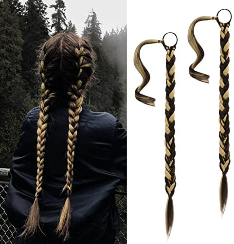 BARSDAR 66cm 2 PCS Langes geflochtenes Pferdeschwanz-Verlängerungsgummiband, gerade umwickelter Zopf, Haarverlängerungen, Pferdeschwanz, DIY, natürliches, weiches, synthetisches Haarteil für Frauen