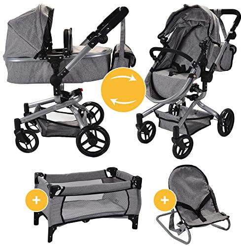 Bandits and Angels Modern Angel 4-in-1 Grey Megapack Puppenwagen ab 3 Jahren für Mädchen – Spielzeug-Kinderwagen, Buggy, Puppenbett und Wippe – Rollen – mit Wickeltasche – Grauer Puppenwagen