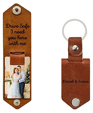 Soview Personalisierte Schlüsselanhänger mit Photo Gravur- Partner Geschenk- Schlüsselanhänger aus Leder- Geburtstagsgeschenk